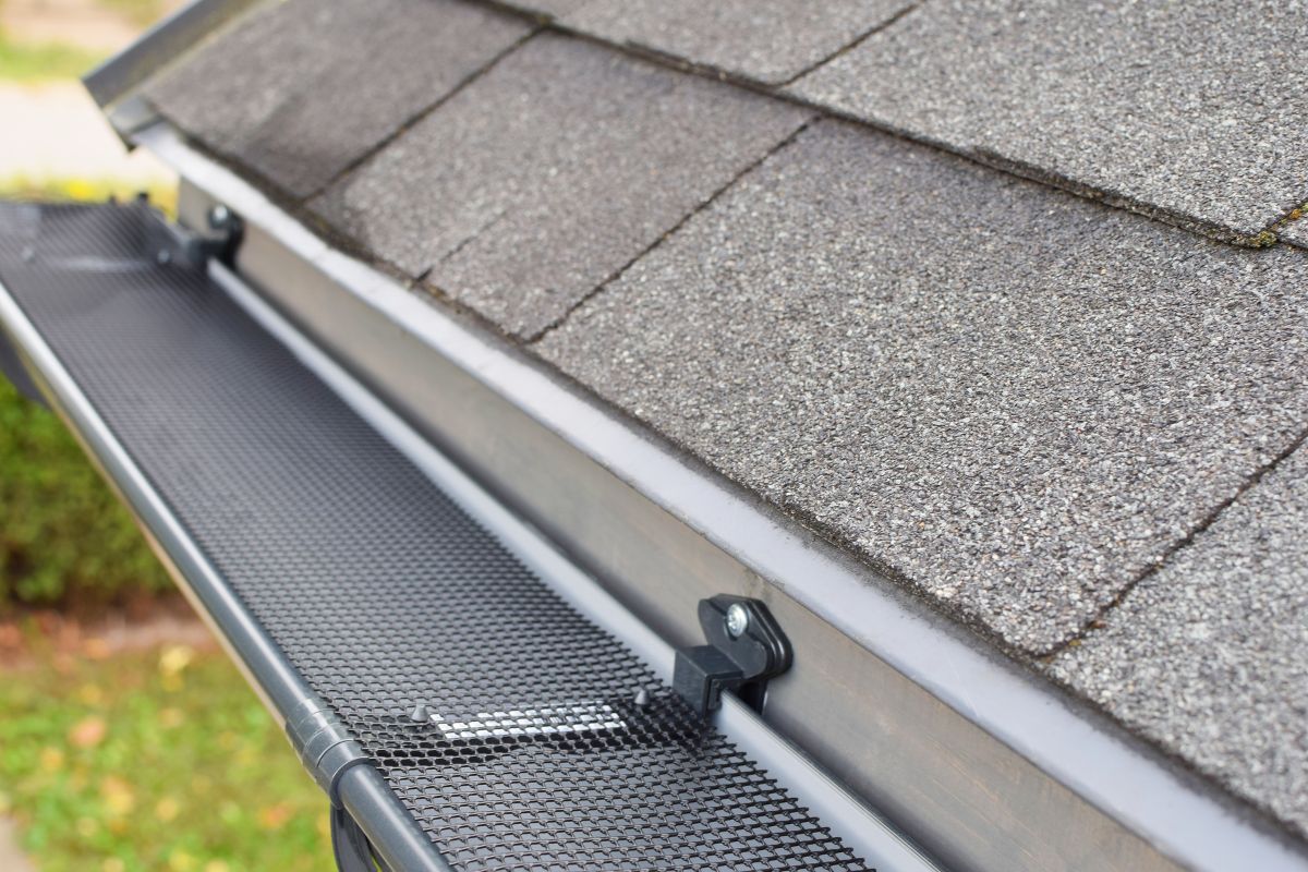 Close-up of a gutter featuring a mesh screen, illustrating a type of flat roof drainage system.